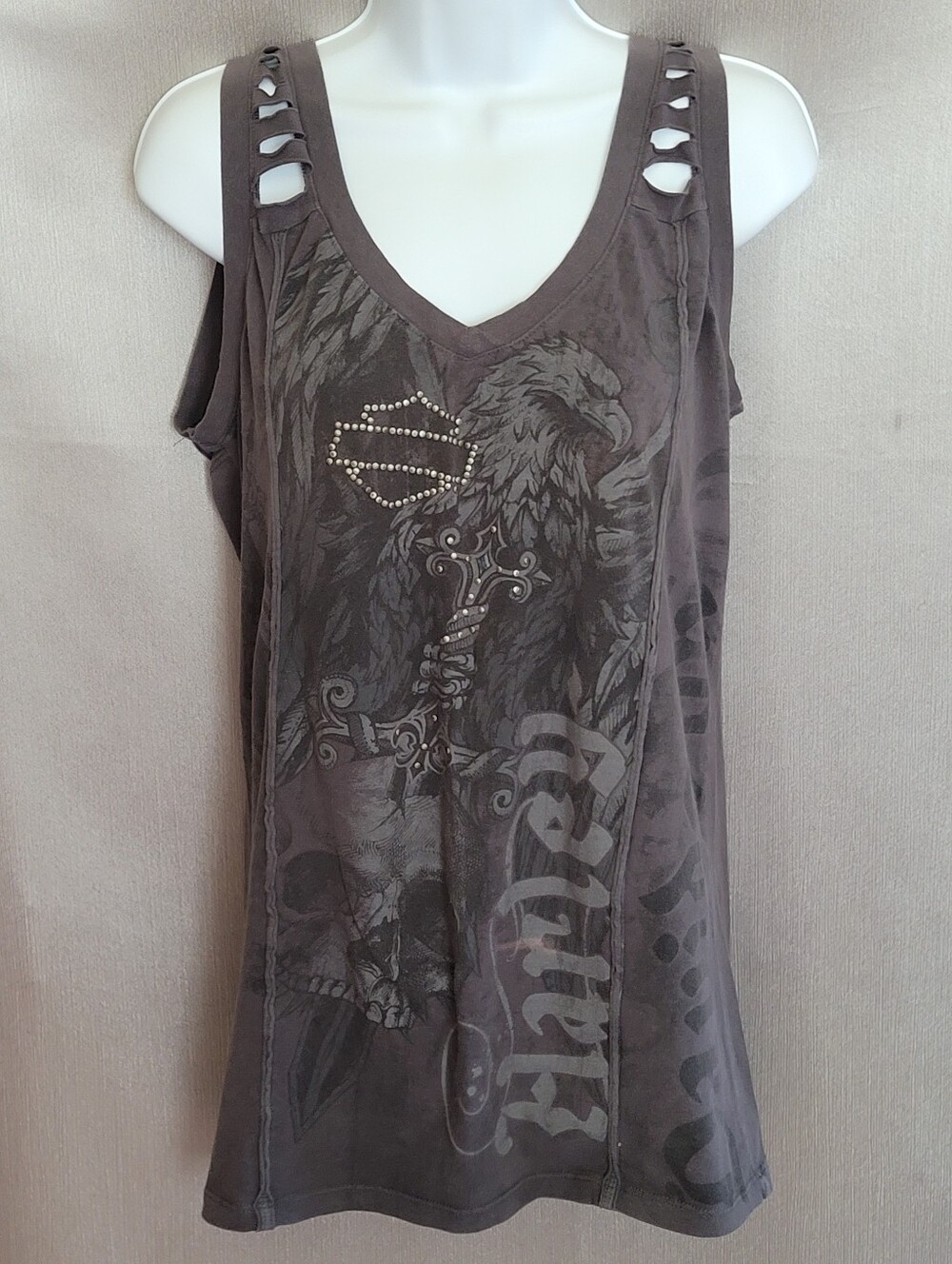 Women's Brown V-Neck Graphic Tank Top with Stud Detail
